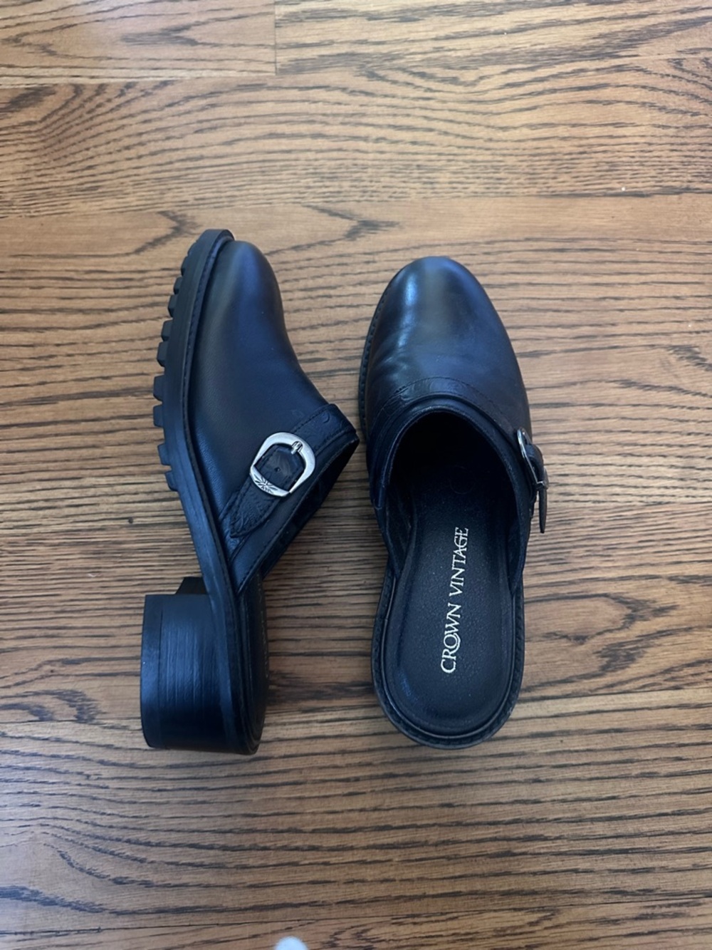 Crown Vintage Black Leather Mule Clogs with Silver Buckle